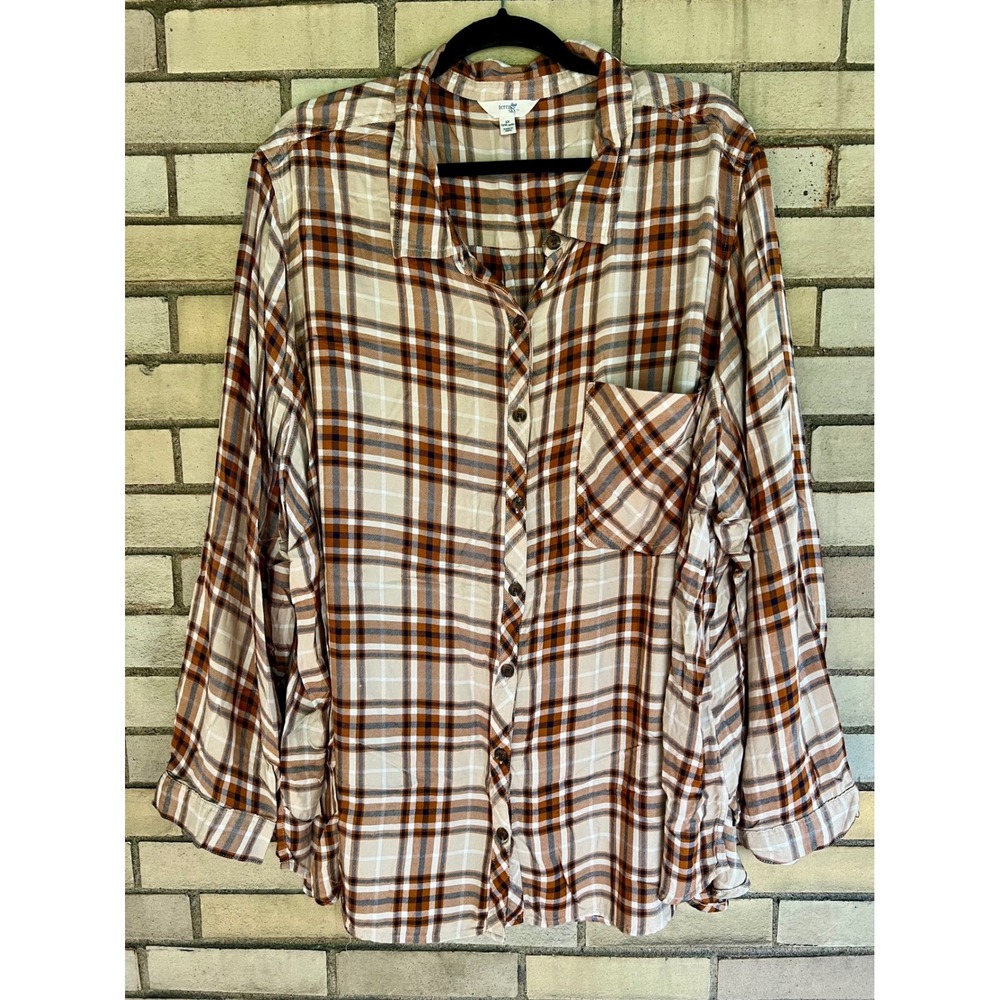 Terra & Sky Brown Plaid Flannel Button Down Shirt Plus Size 5X (32W-34W)